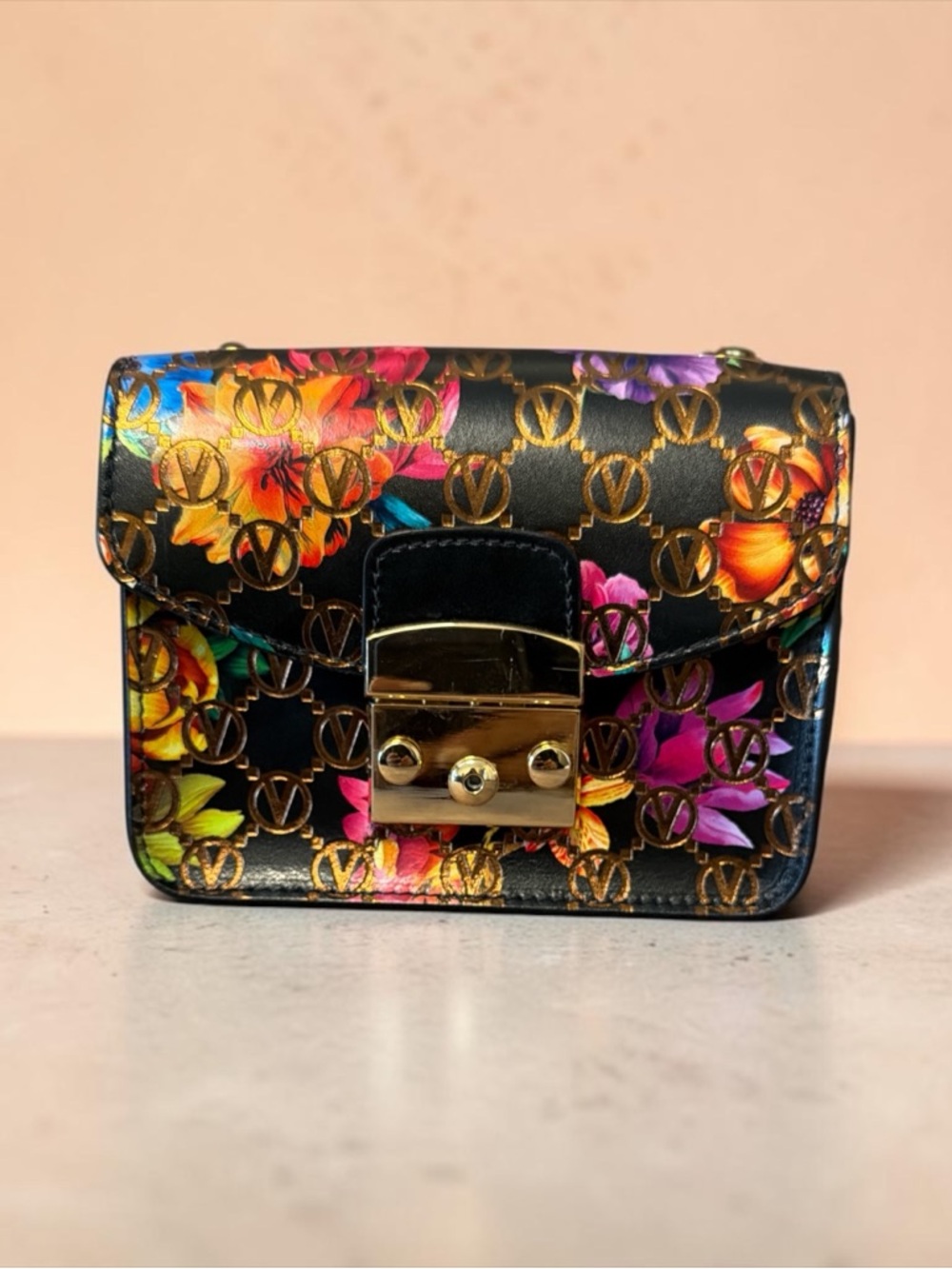 Valentino By Mario Valentino Black Floral Crossbody with Gold Lock